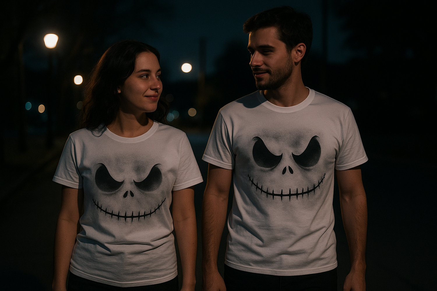 Nighttime t-shirt mockup with two people walking wearing spooky design